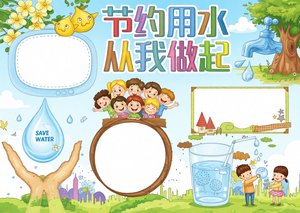 节约用水小报手抄报简单又漂亮，世界水日环保主题模板，适合小学生绘制
