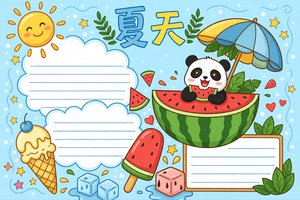 夏天主题手抄报小报模板，简单又漂亮卡通手绘，适合一二三年级抄写，夏季特色