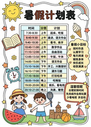 暑假计划表小报手抄报模板，简单又漂亮，适合小学生规划假期，卡通手绘风格，轻松制作