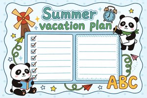 简单又漂亮暑假计划表英语小报手抄报，熊猫卡通风Summer...