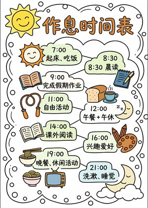 小学生暑假作息时间表手抄报简单又漂亮 彩色卡通手绘暑假计划表模板