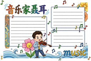 彩色卡通手绘音乐家聂耳小报手抄报简单又漂亮模板 - 小学生音乐知识