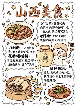 山西美食手抄报模板简单又漂亮，小学生手绘中国美食小报，过油肉刀削面介绍