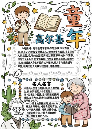 高尔基童年读书小报简单又漂亮，高尔基童年小报手抄报模板，适合小学生