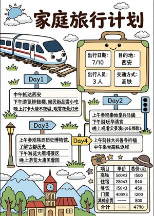 家庭旅行计划手抄报小报简单又漂亮，小学生西安四日游规划模板，适合3-6年级