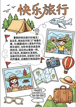 快乐旅行手抄报模板：简单又漂亮的暑假旅行小报，适合小学生三年级
