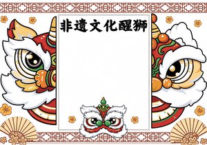 非遗文化醒狮小报简单又漂亮，传统文化手抄报模板卡通风格，适合学生制作