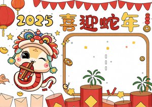 2025喜迎蛇年小报手抄报模板，简单又漂亮！红色卡通风春节新年主题，适合小学生