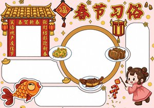 红色卡通春节习俗小报手抄报，简单又漂亮！包含年夜饭、贴春联等传统文化内容，...
