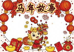 元旦小报简单又漂亮：2026马年故事手抄报模板，小学生新年节日主题设计，简...