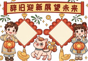 元旦小报简单又漂亮！辞旧迎新展望未来手抄报模板，适合小学生画