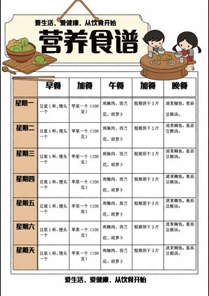 绿色卡通营养食谱手抄报简单又漂亮，小学生美食小报模板