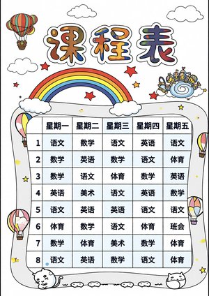 粉色卡通课程表手抄报简单又漂亮，适合开学季小学生制作，可爱风格模板下载