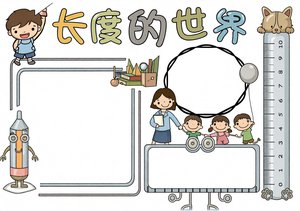 二年级数学长度单位小报手抄报，绿色卡通风简单又漂亮，适合做简单又漂亮的数学...
