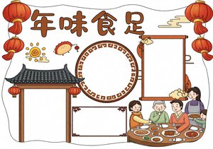 小学生春节年夜饭手抄报模板，年味食足，简单又漂亮，传统节日小报