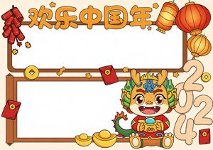 2024龙年春节小报手抄报简单又漂亮模板 欢乐中国年卡通设计