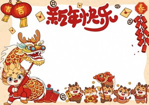 春节红色卡通新年快乐手抄报 简单又漂亮 小学生新年小报模板 简单又漂亮
