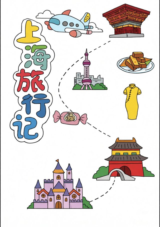 上海旅行记小报模板：简单又漂亮的暑假游记手抄报，六年级通用