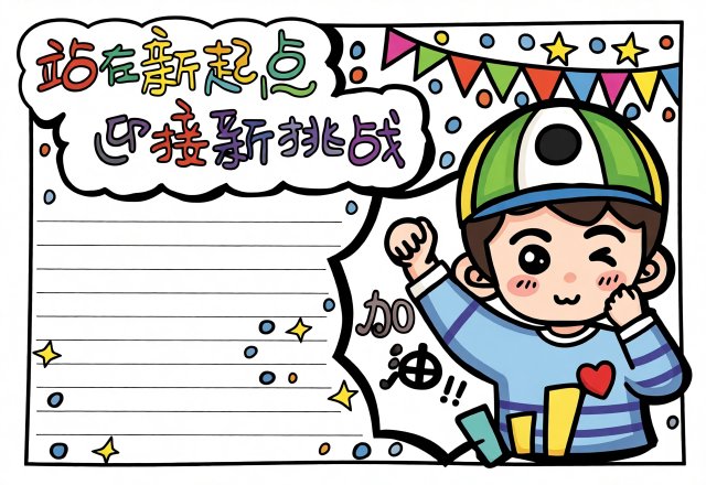 四年级新学期手抄报简单又漂亮：站在新起点迎接新挑战，新学期新气象模板