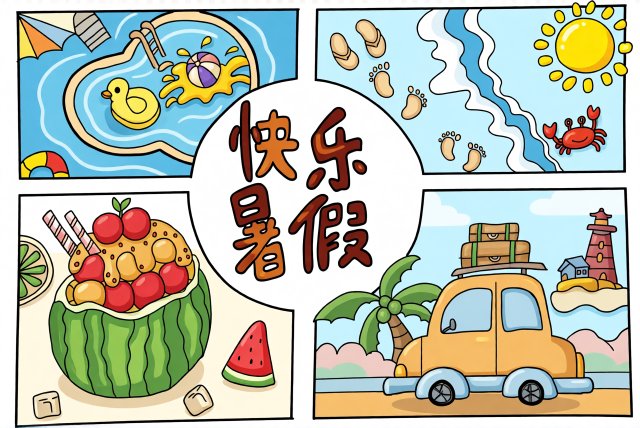 快乐暑假手抄报模板：简单又漂亮！小学生快乐暑假生活小报素材图片