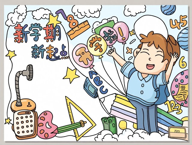 新学期新起点手抄报简单又漂亮，开学季创意小报模板，学生必备