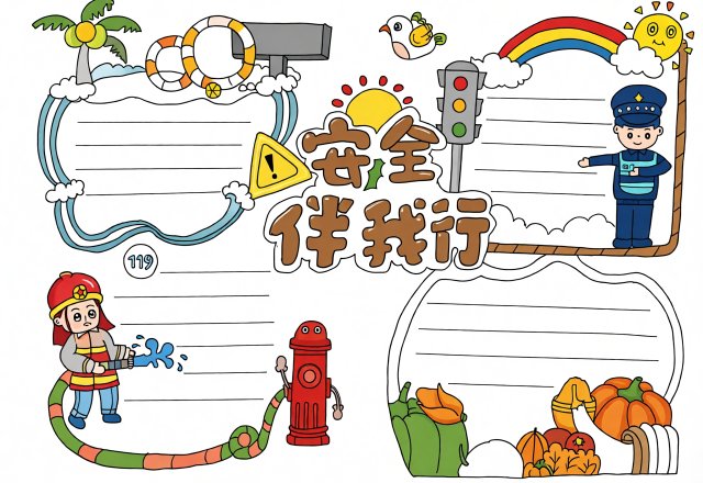安全伴我行小报手抄报简单又漂亮，暑假安全教育主题模板，适合中小学生