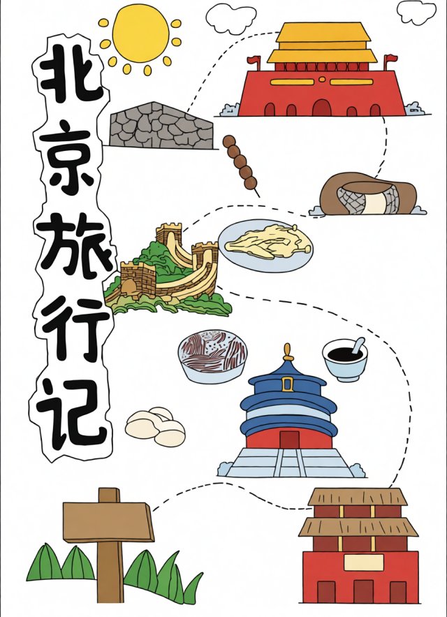 北京旅行记手抄报简单又漂亮，小学生暑假旅行主题小报模板，含故宫长城天坛，适...