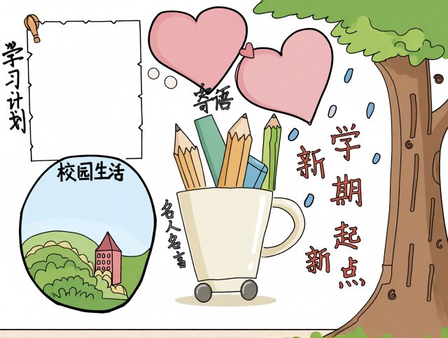 开学季小报模板：新学期新起点简单又漂亮，含学习计划与校园生活手抄报素材
