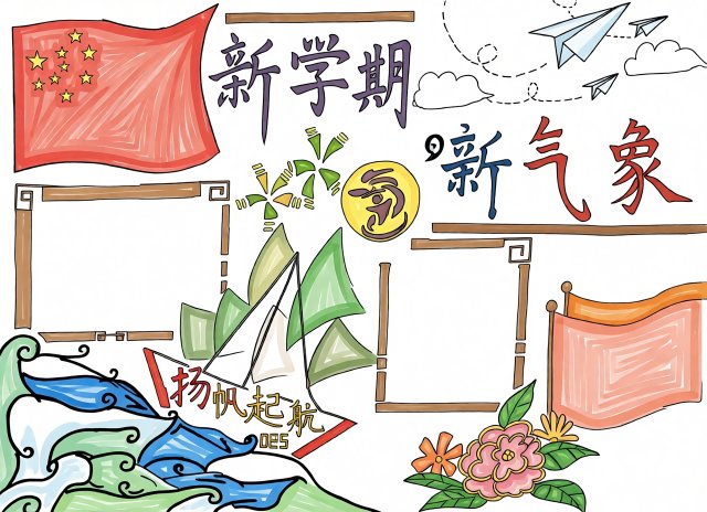 新学期手抄报简单又漂亮，开学季初中生新学期计划小报模板，扬帆起航